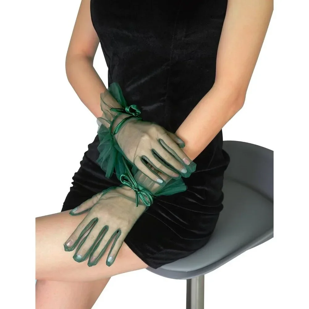 Women's Evening Dark Red Ruffles Mesh Tulle Short Gloves Wedding Party Accessory